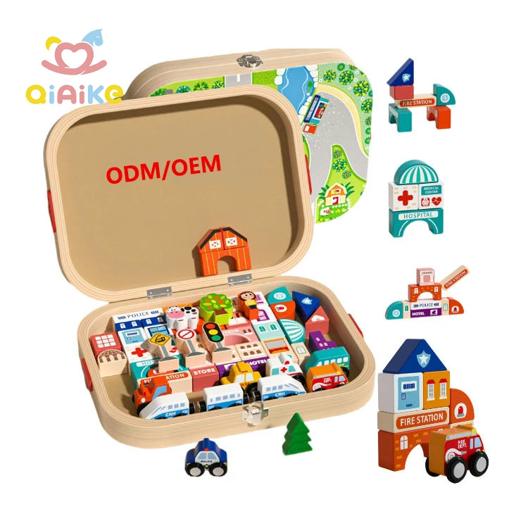 卸売 カスタム木製教育玩具 都市型トラック建築ブロック 形状知能 大粒建築ブロック 子ども向け