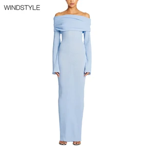 Women's Long Sleeve Shoulder Pleated Knit Dress Sexy Solid Color Style Bow Decoration Collar Plain Dyed Natural