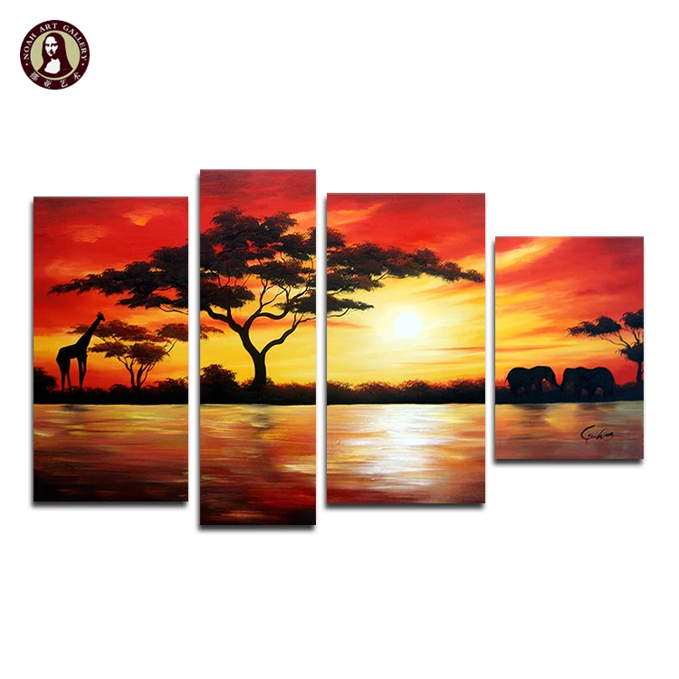 High Quality 4 Panel African Canvas Art Sunset Landscape Oil Painting for Wall Decor