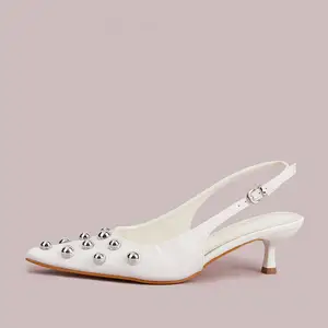 BUSY GIRL CXX222 High Heel Shoes Minimalist White Leather Slingbacks with Silver Studs Women High Heels Pointed Toe Kitten Heels