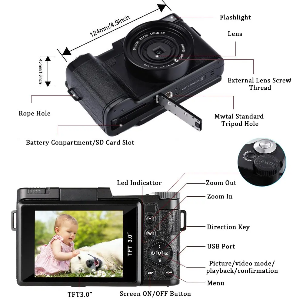 Vlogging Camera Compact, Flip Screen Digital Camcorder