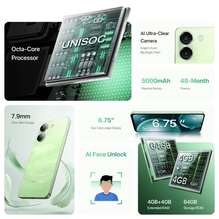 UMIDIGI G9A 4G Smart Phone - 4+64GB, Android 14, 90hz LCD
