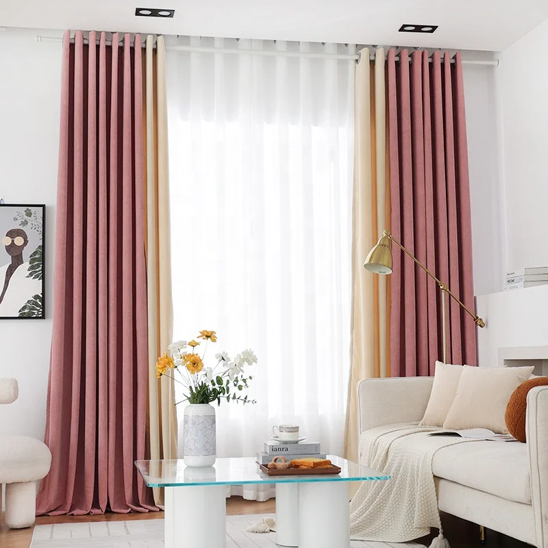 French Simple Solid Color Velvet Blackout Curtains for Bedroom Cream Patchwork Design Ready Made Curtains