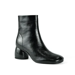 Women's Korean Formal Black Crinkled Patent Leather Ankle Boots-Square Toe Chunky Heel Comfort Height Increasing Fashion Autumn