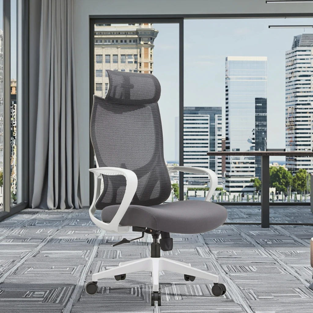 Grey PU Steel Frame High Back Ergonomic Chair S-Curve Support High Resilience Foam Fixed Armrest Adjustable Height for Office 2