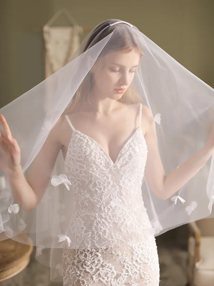 Super Fairy Double Layer Bridal Veil Hand-Sewn Flower Bow Soft Long Wedding Head Veils