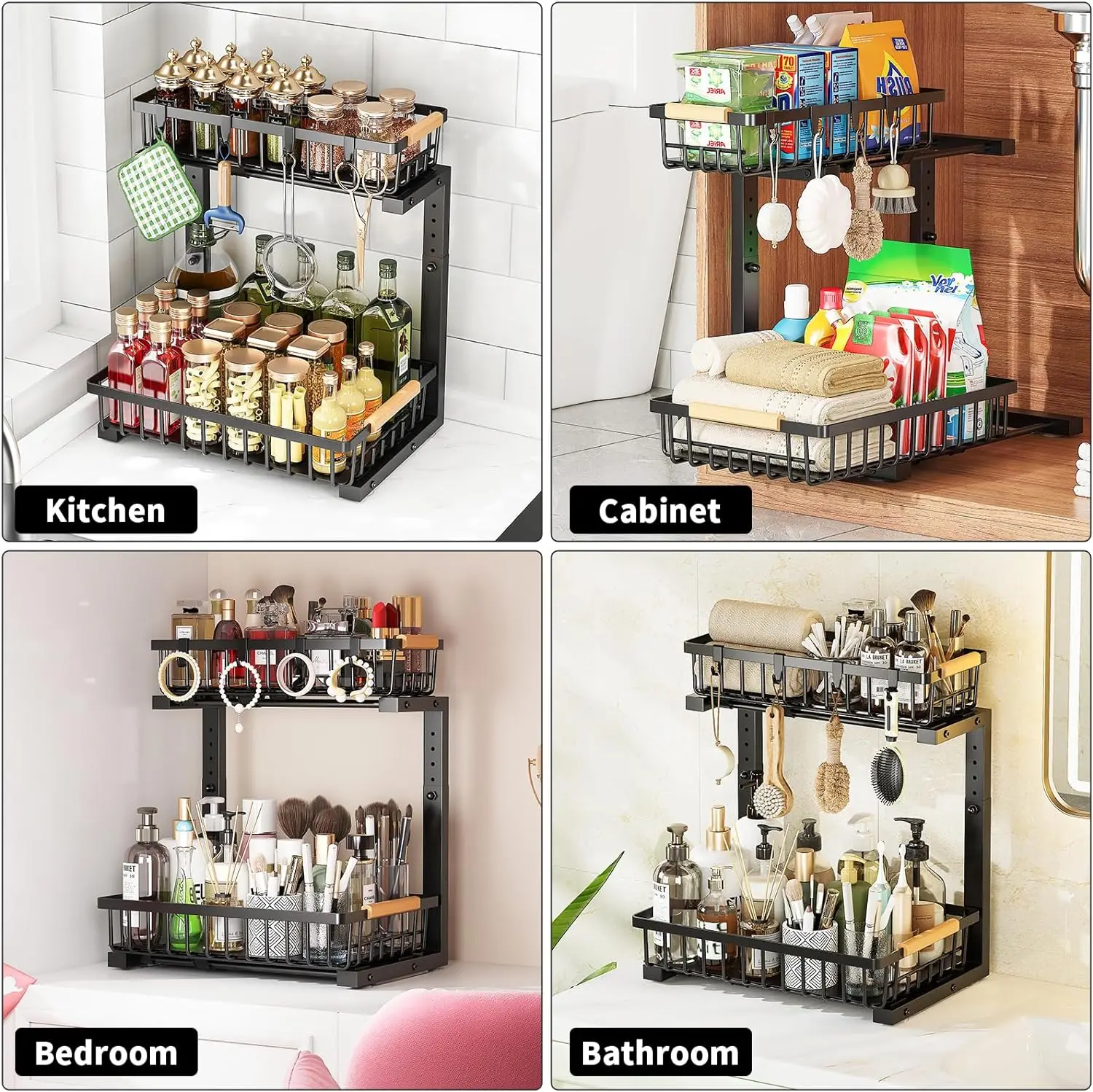 Under-sink Organiser, 2 Level Pull-out Design, Height Adjustable to Suit Items Required,storage for Both Kitchen and Bathroom