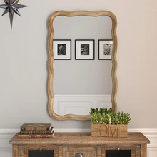 Wavy Curved Solid Wood Frame Accent Special Shape Antique Modern Farmhouse Contemporary Decorative Wall Mirror Rectangle Mirror