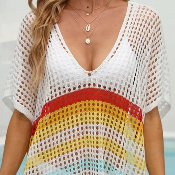 2023 summer new beach blouse knitted rainbow color blouse bikini sweater swimwear beach wear Women's cover-up