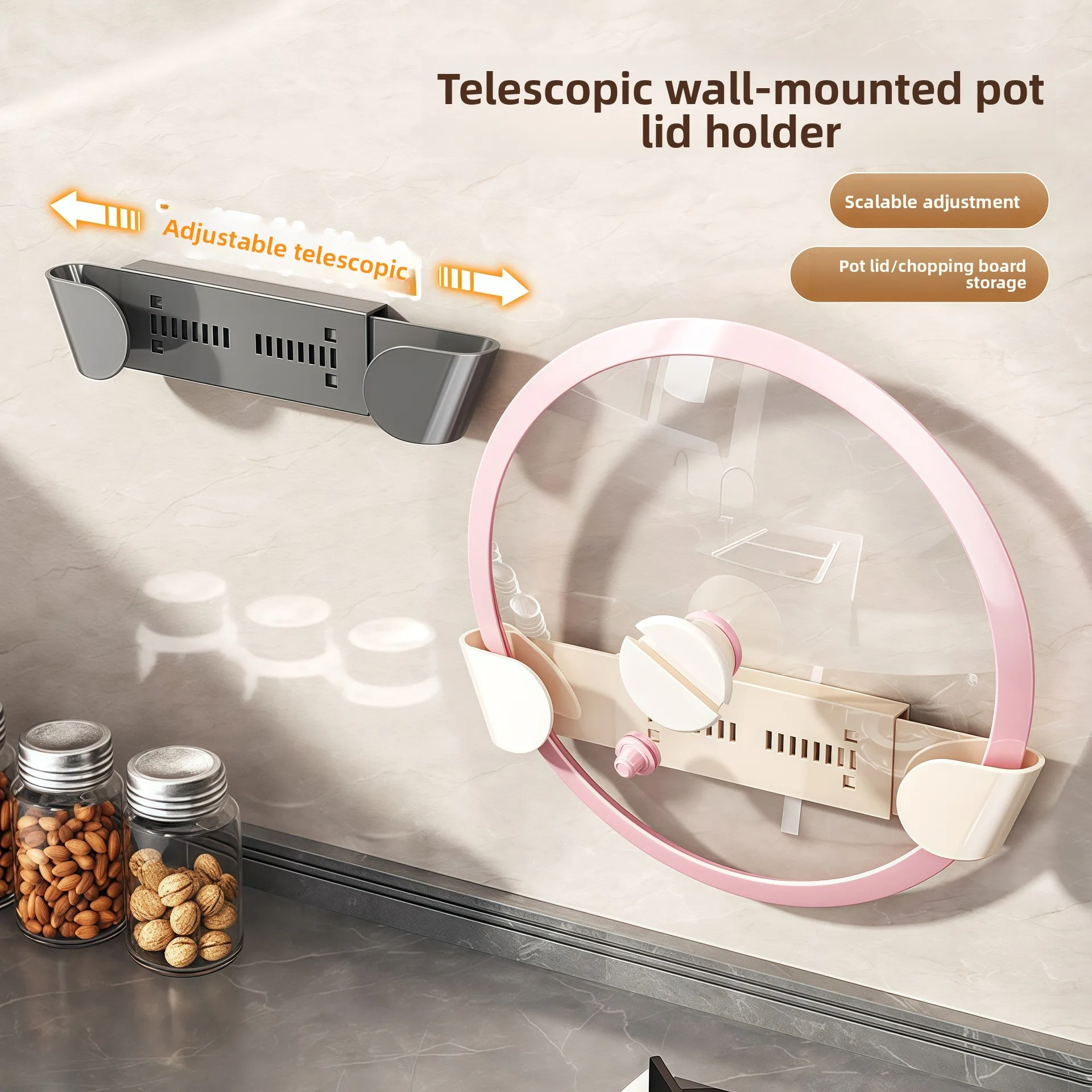 Retractable Punch-Free Wall-Mounted Plastic Pot Cover Rack Creamy Style Multi-Purpose Kitchen Storage Chopping Board Rack