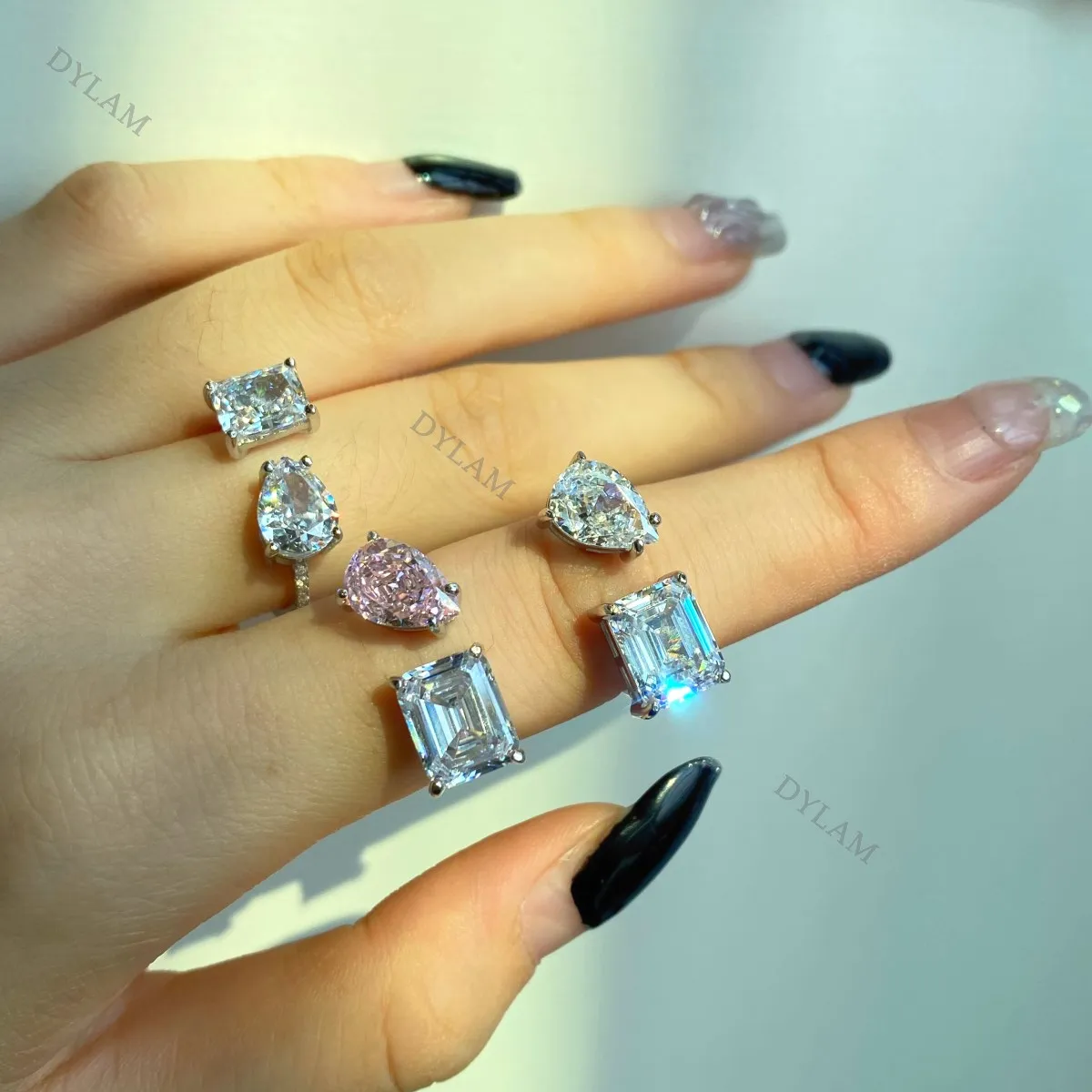 KAKODIY Adjustable Engagement Double Cubic Zirconia Pink Rectangular Open Ring 8A Zircon 925 Sterling Silver Matte Ring detail 2