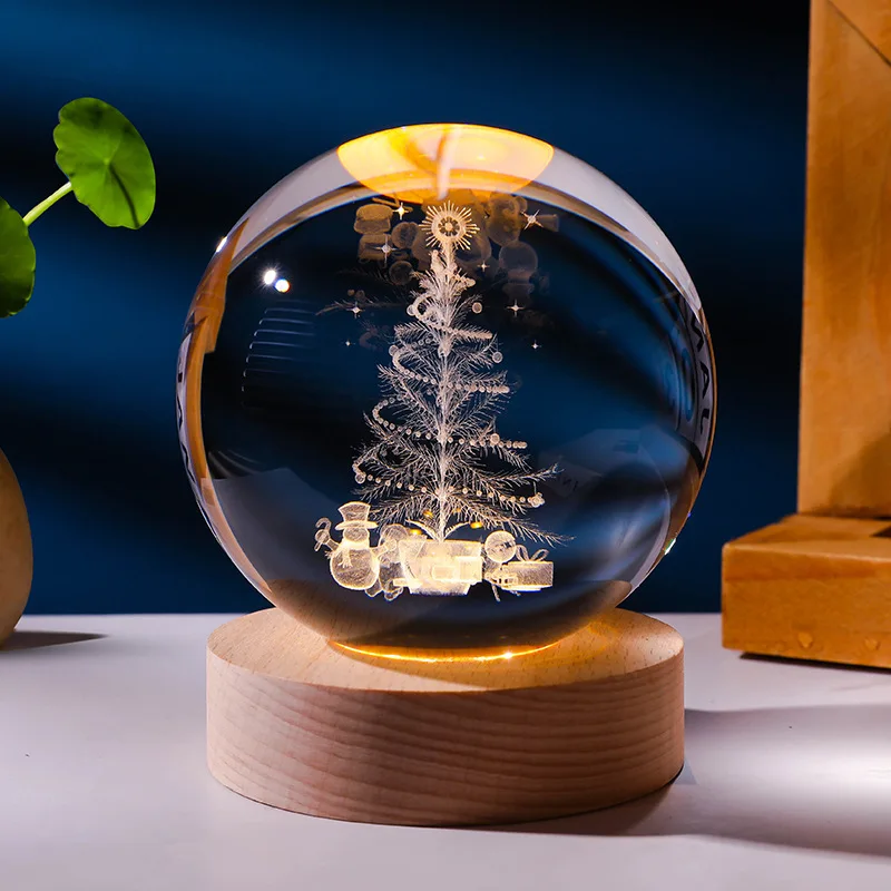 60mm 3d Crystal Ball Night Lamp Christmas Decoration Custom 3d Laser Engraved Crystal Glass Ball Crafts With Led Wooden Base