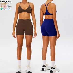 XW-TM0277Y-1 Stylish Solid Workout Fitness Training 2 Piece Bra Lightweight Stretchy Athletic Shorts Women Yoga Wear Set