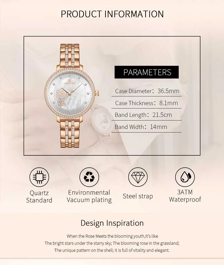 Naviforce NF5017 Elegant China Lady Quartz Watch Stylish Stainless Steel Band Waterprooffloral Design Simple Casual Wristwatch