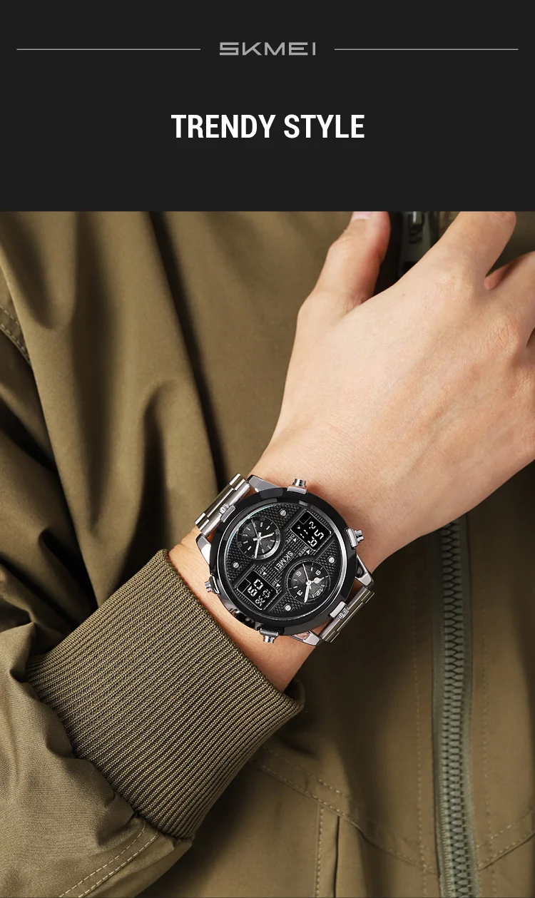 SKMEI 2212 Dual Time Zone Men's Digital Sports Watches Stainless Steel Strap Led Waterproof Alarm Clock 12/24 Hour Wristwatch