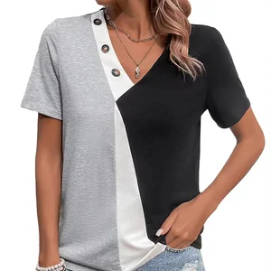 Trendy Stylish Women Color-blocked Cotton Summer T-shirt With Button Decoration