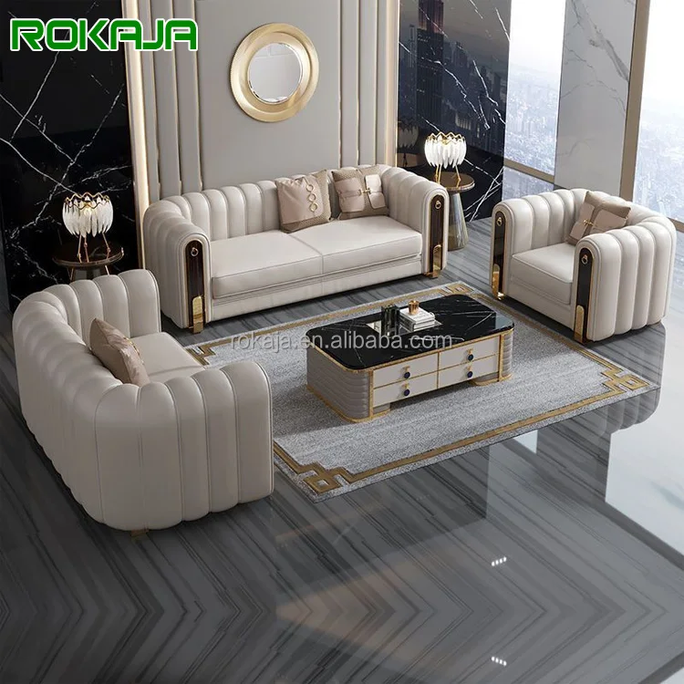 Highend Living Room Sofa Set Luxury Furniture Wooden Armrest Leather