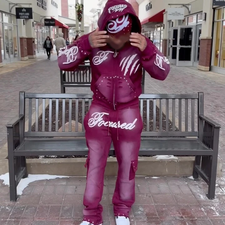 SalatiManufacturer Streetwear Acid Wash Man Tracksuit Sun Faded Zip up Hoodie and Sweat Pants Set Men Sweatsuit gallery 7