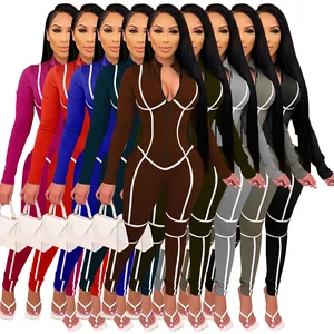 2026 New Women's Line Stitching Solid Color Anti-Wrinkle Seam Workout Gym Jumpsuit One Piece Long Sleeve Legging Sport Jumpsuit