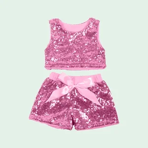 New Design Fashional Shinny Sleeveless Sequin Girl Vest Short Suite Kids Clothing Sets for Summer