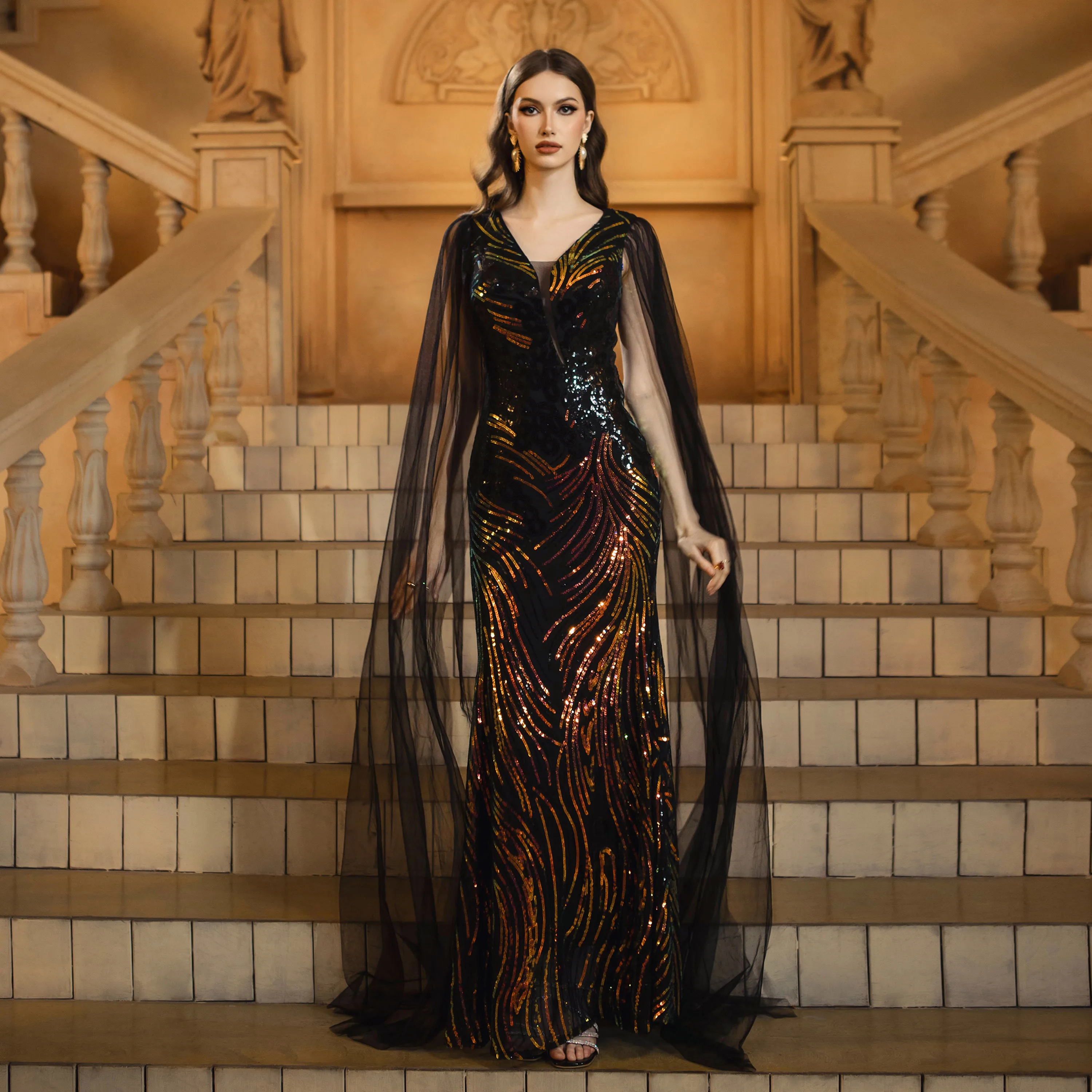 Cloak Sleeve Mermaid Black Sequin Long Elegant Luxury Gowns Evening Dresses  for Women