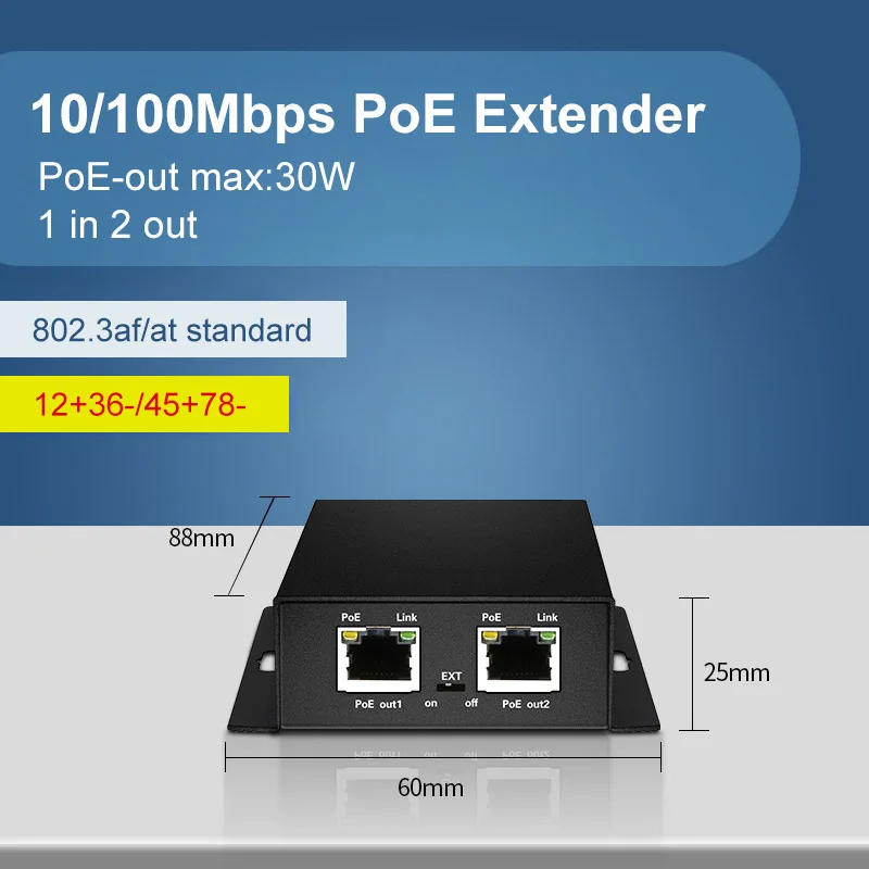 2 Port 10/100M PoE Switch 30W up to 250m Standard PoE+ Extender details