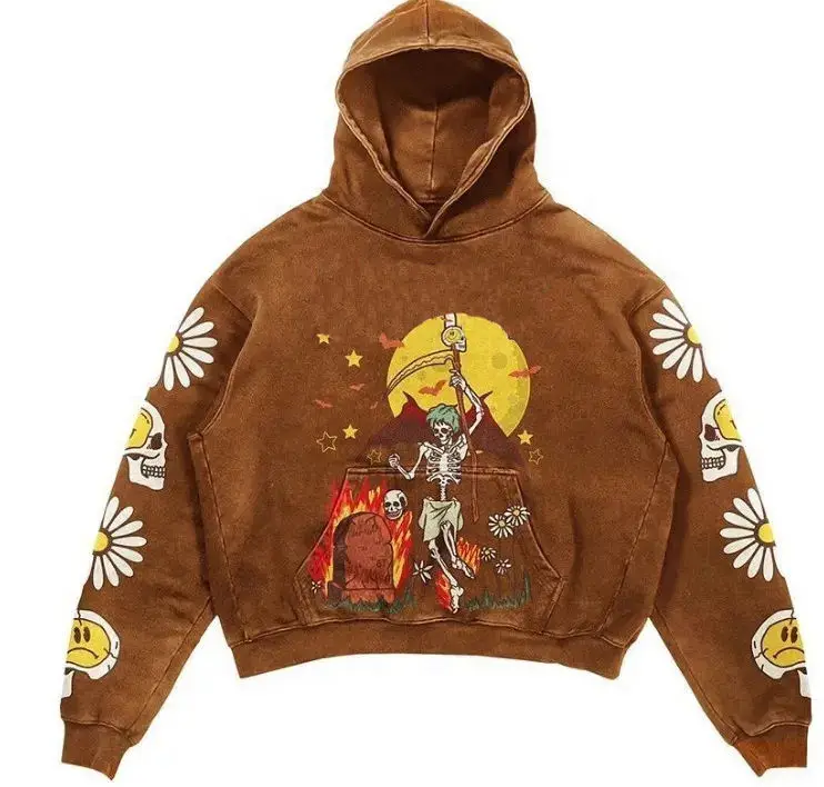 Custom Pullover Hooded Sweatshirts Heavyweight 400GSM Cotton Oversized Graphic Screen Printing Vintage Acid Wash Hoodie for Men gallery 12