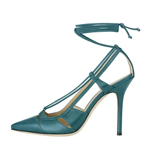 Factory Direct Women Teal Leather Pumps Lace up Pointed Toe High Heel  StilettoCustom Logo Office Party Wholesale