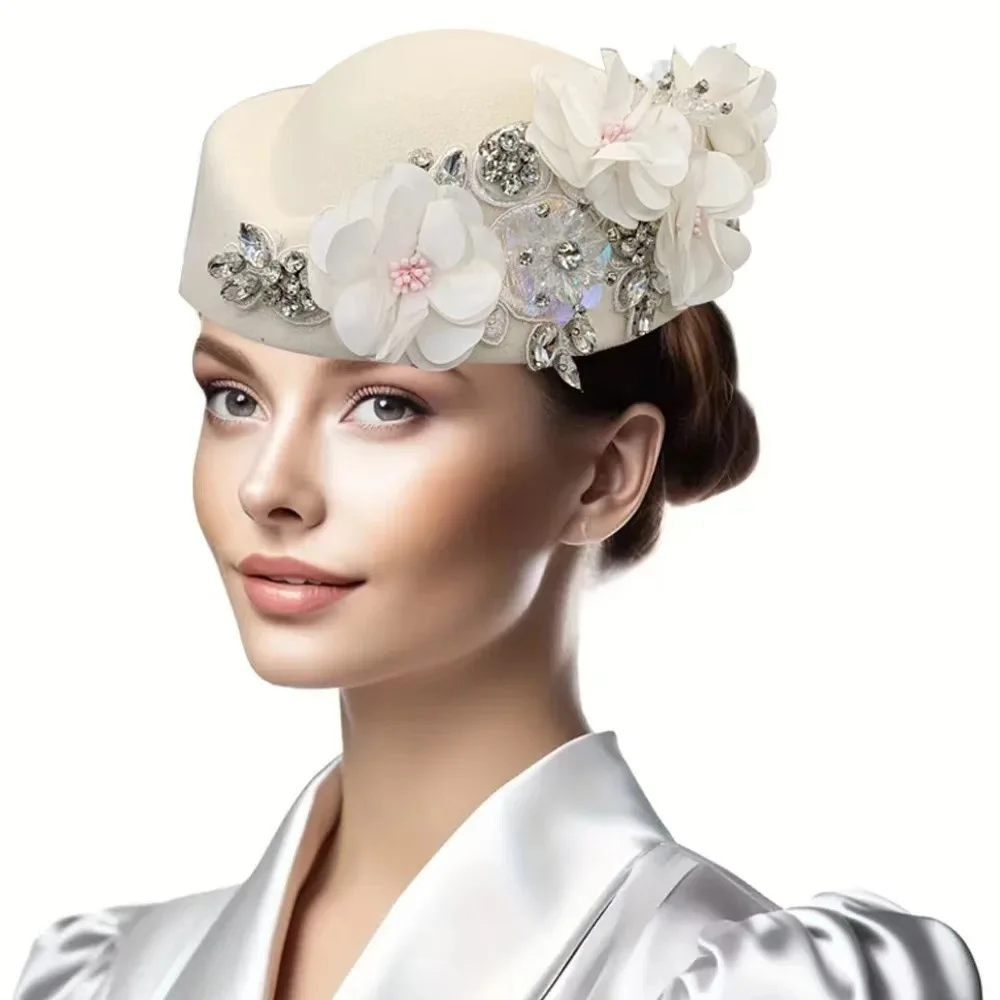 Women\'s British Felt hat Church Derby Headdress Floral Beret hat White Beret Hats for Women British Felt hat Women main image 2