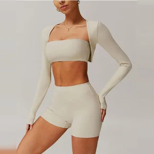 Custom Logo Women Long Sleeve Crop Top Bolero Shrugs Workout Tops Open Front Cropped Cardigan Cutout Yoga Sports Tee Arm Covers