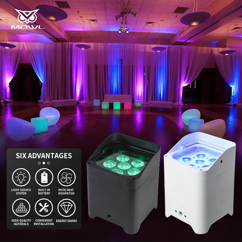 MOWL Wireless Control DMX 6x18W RGBWA UV 6in1 Battery Powered Uplight LED Par Light for Wedding DJ Party