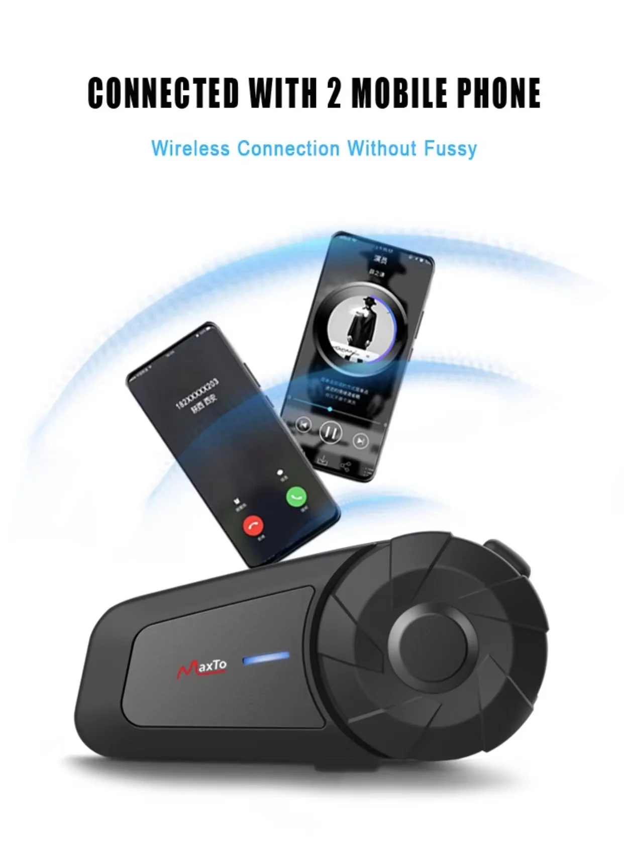 MAXTO Motorcycle Bluetooth Headset, M2 Group Motorcycle Helmet Communication Systems 6 Way BT5.0 Waterproof Intercom 1000M Range with FM Radio, Siri, Voice Dial for Ski/ATV/Full/Half Face (2