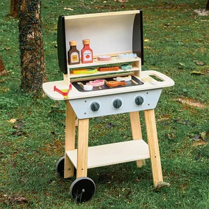 Scandinavian Style Baby Kitchen Set Wooden Barbecue Table Skewers Meat Cut Artificial Barbecue Grill Play House Boxed Kitchen