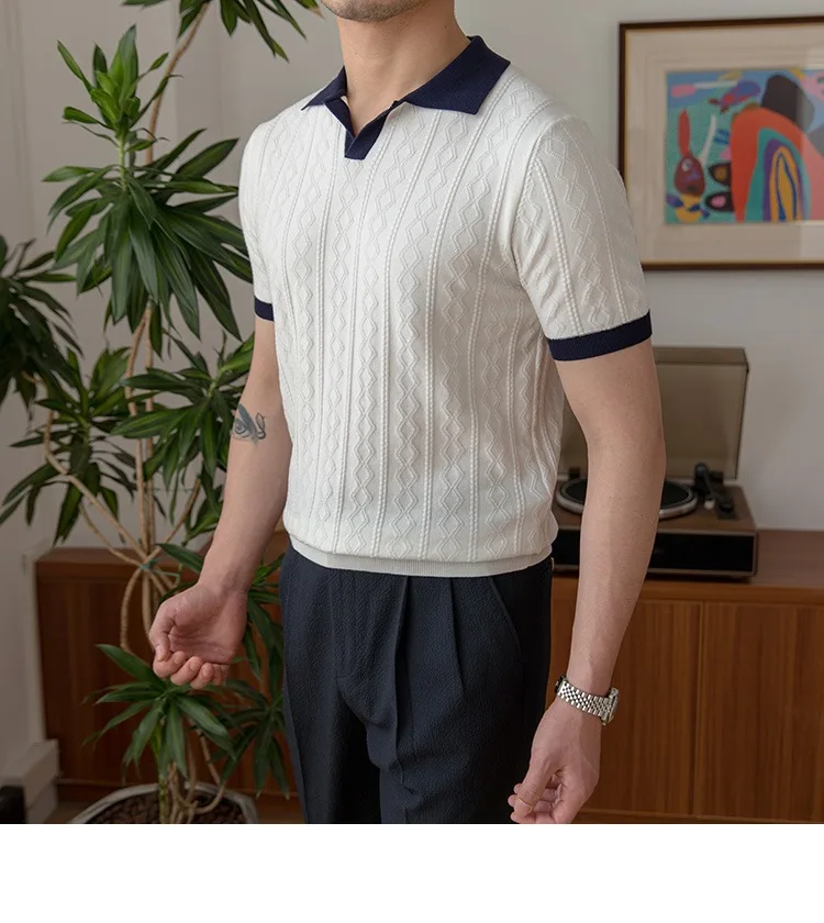 Summer breathable color matching fashion men's Polo shirt V lapel elastic jacquard texture slim short sleeve knitting