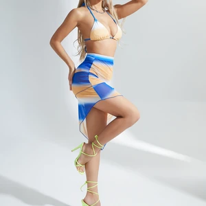 OEM New Sexy Print 3 Piece Bikini Beachwear With Mesh Sarong Skirt Cover up Triangle Halter Swimsuit Women Thong Swimwear