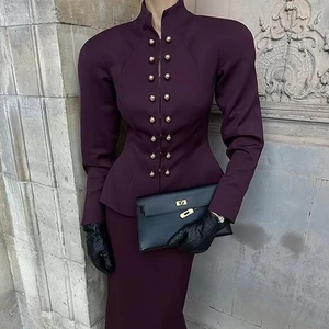 High Quality Fashion Vintage Red Women's Suit 2024 Winter New Stand Collar Button High Waist Long Skirt Tight Elegant Party Suit