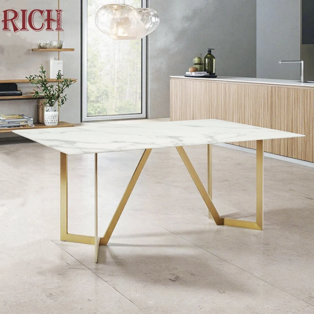 Modern Luxury Rectangular White Faux Marble Top Metal Dining Table Home Villa Apartment Kitchen Room Hotel Office Restaurant Use