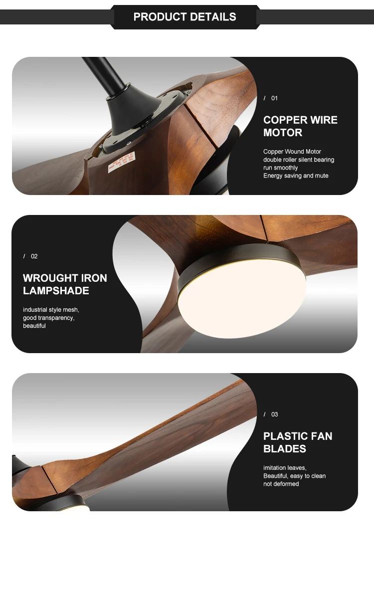 Modern Latest Designer Factory American 3 Solid Wood Blades DC Motor Energy Saving Ceiling Fans Light