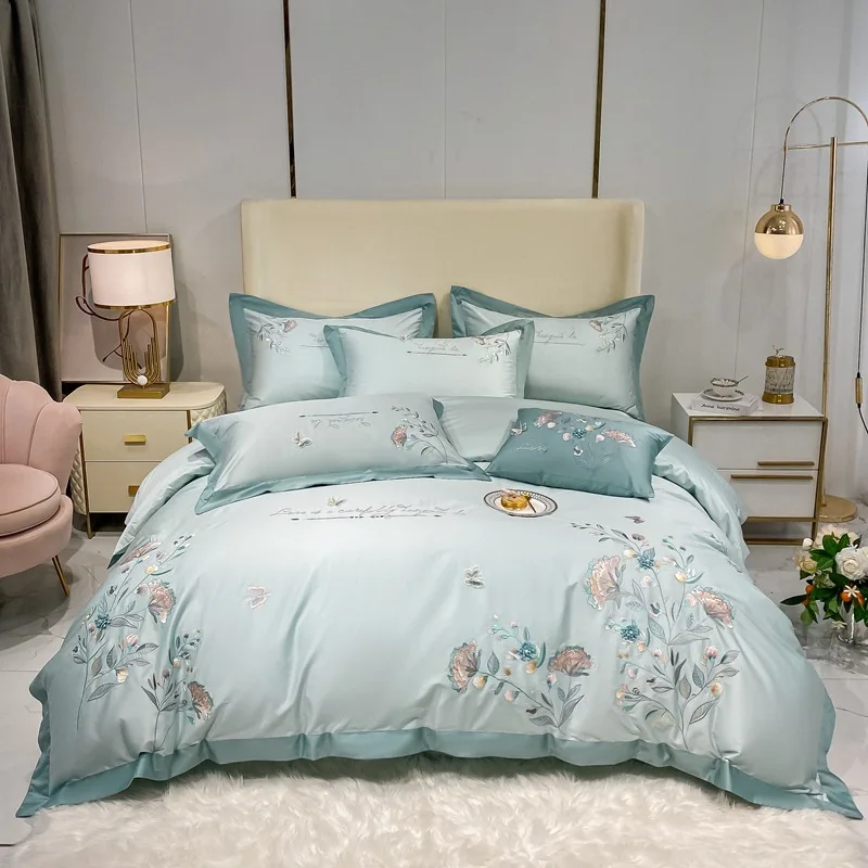 Modern High-End 180 Yarn Count Long Staple Cotton Quilt Cover Set Four-Piece Bedding Set with Plant Flower Embroidery Sheet supplier