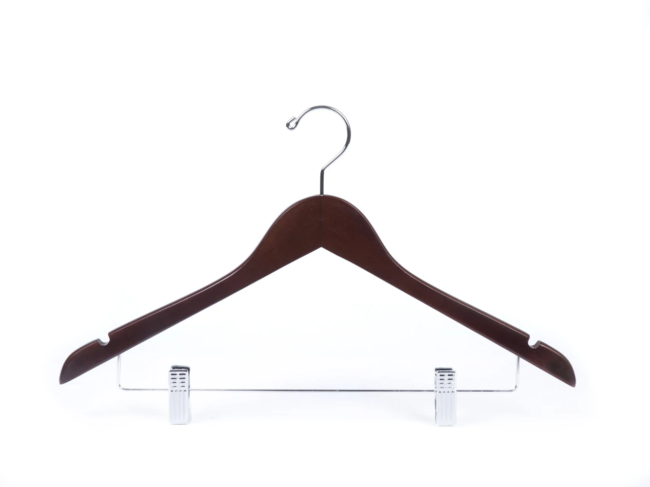 High Quality Custom  Clips Walnut Wooden Cloths Hangers with Chrome Hook