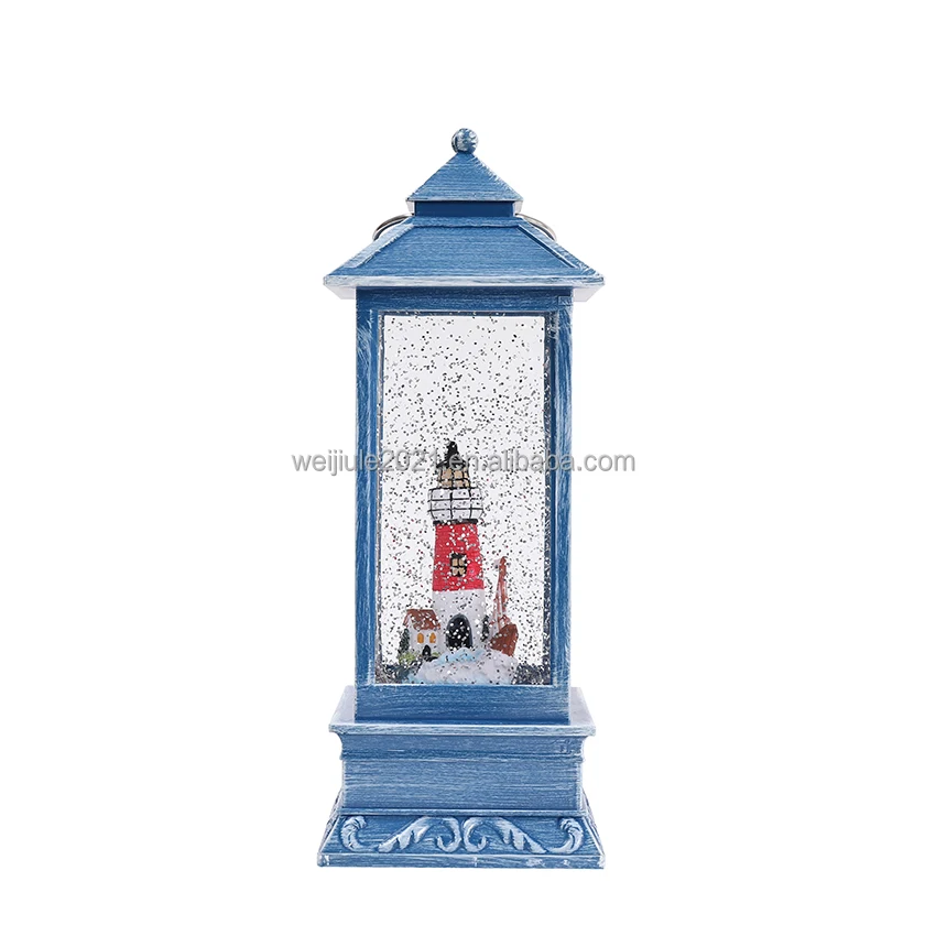 New resin lighthouse design and decorative wind lamp, unique rotating water-light snow globe