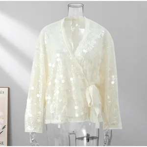 Fashion Lace up Sequins Patchwork Coat Women Chic V Neck Long Sleeves Loose Jacket 2026 Autumn New Lady High Street Outerwears