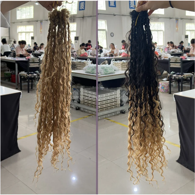 KAMA Wholesale 0.6cm Crochet Braiding Hair Extensions Soft Curly Faux Boho Goddess River Locs Human Hair+Synthetic Locs