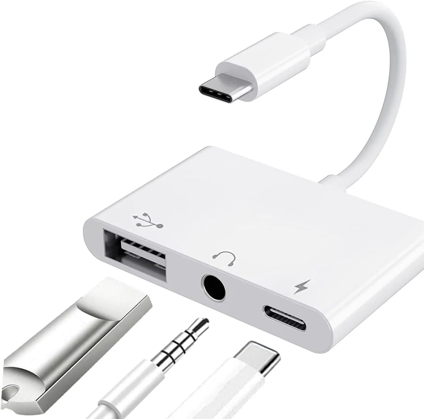 USB C ke USB-A OTG Splitter 3-in-1 dengan Jack Audio dan Port  pengisian daya Cepat PD, kompatibel dengan iPhone 15, iPad Pro