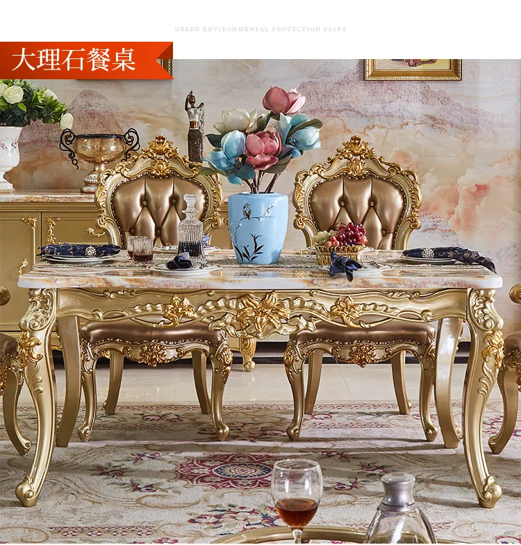 Marble Top Dining Table Set Solid Wood Luxury Round Dining Table Set 6