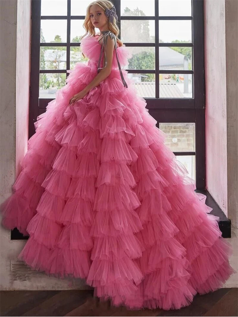 Puffy Hot Pink Wedding Dress Hot Pink Princess Tulle Party Dress For  Children OEM Available