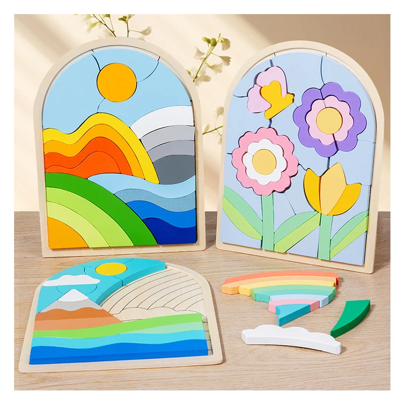 Neu Holz Regenbogen Blume 3D Puzzle Bord DIY Karton Spielzeug Baby der Frühen Bildung Paarung Bausteine ​​Puzzle