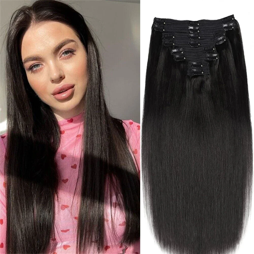 120G 8-teiliges Set Clip-In-Haarverlängerungen, Echthaar, 10 bis 26 Zoll, brasilianisches Remy-Haar, glattes Haar, natürliche schwarze Farbe für Frauen_voghion.com