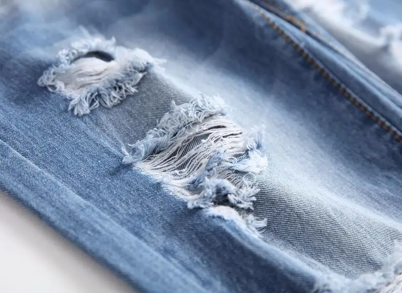 Men's Slim Fit Knee Hole Jeans Distressed Shabby Pants Art Patches Skinny Biker Blue Jeans Trousers