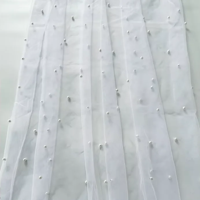 Beaded Pearl Woven Sheer Waterproof Net Mesh Fabric for Girls Evening Dress